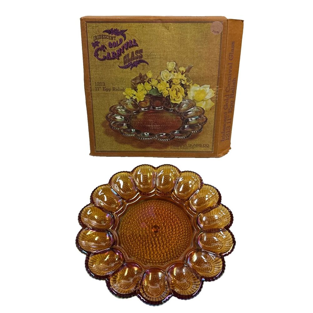 Vintage Iridescent Gold Deviled Egg Relish Holder Carnival Indiana glass Box NOS